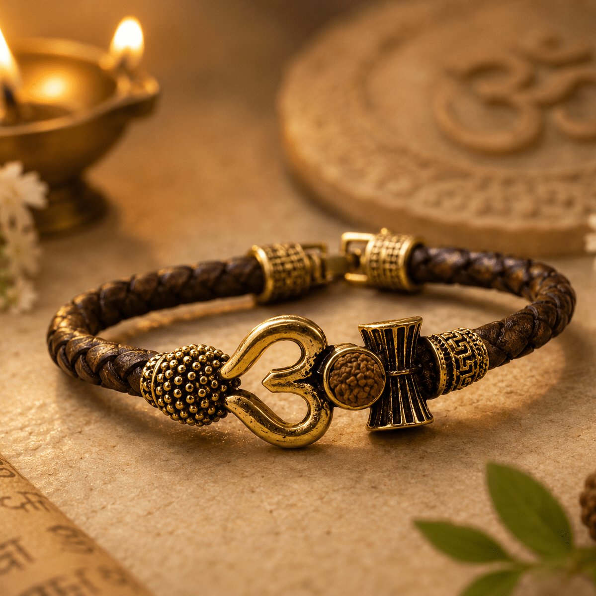 Mahadev Om Rudraksha Leather Bracelet for Men - Divinecart.in
