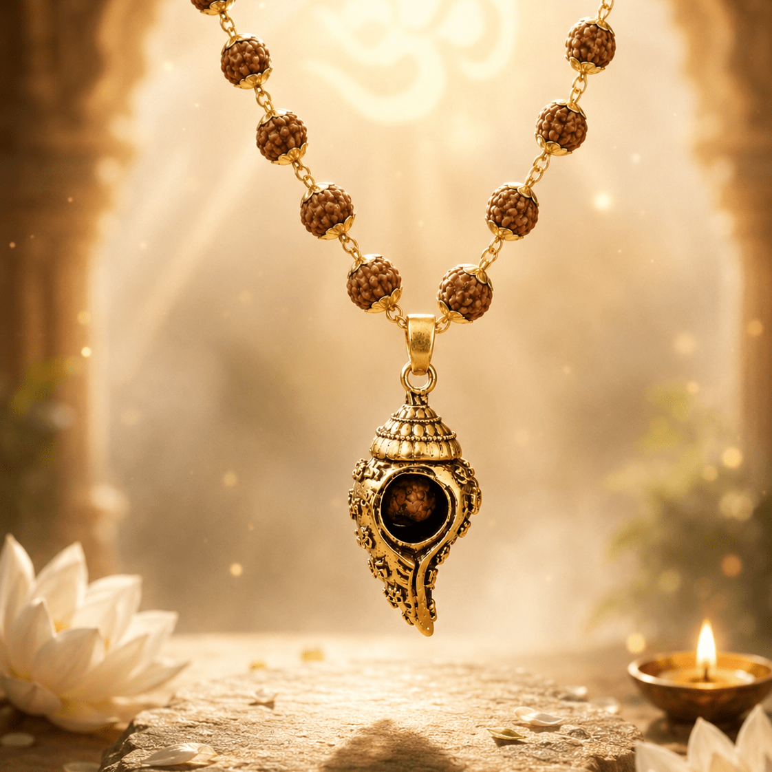 Mahadev Swarna Shankh Rudraksha Mala - Divinecart.in