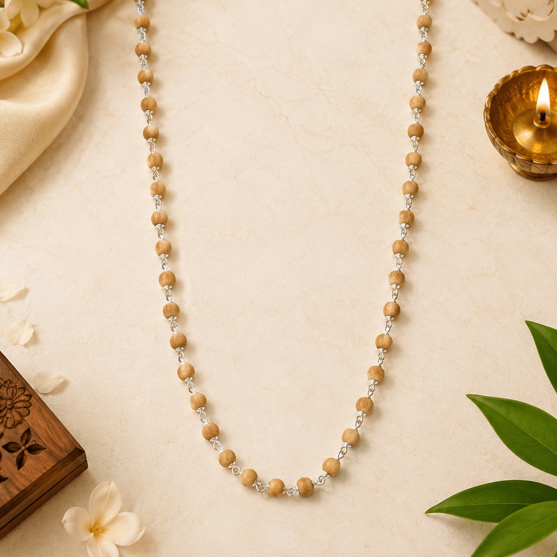 Shiv Shanti Silver Plated White Chandan Satvik Mala - Divinecart.in
